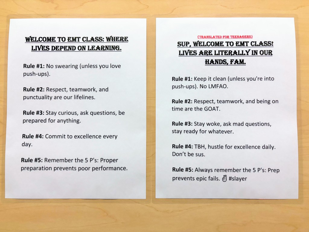 Uniting Generations: A Dual-Sign Approach to EMT Classroom&nbsp;Rules